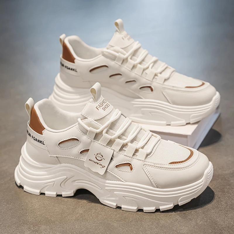 啄木鸟老爹鞋男透气网面鞋子男潮流百搭厚底小白鞋男运动休闲鞋