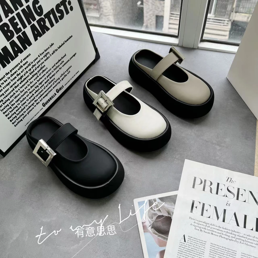 有意思思女鞋—‘小方扣’休闲夏季外穿网红百搭纯色厚底包头拖鞋