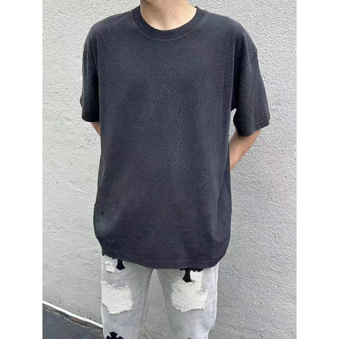 美式街头水洗做旧满天星烫钻圆领短袖小众设计感宽松休闲百搭T恤