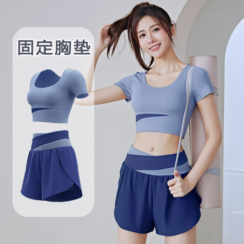 夏季瑜伽服女夏季薄新款专业跑步速干健身服两件套带胸垫运动套装