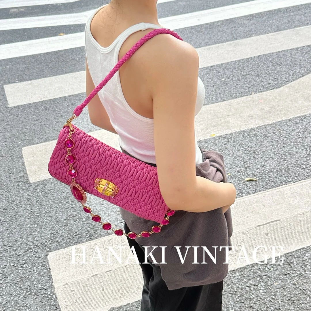 95新 MIU MIU/缪缪 花绮中古/缪缪玫红色彩宝单肩包/95新