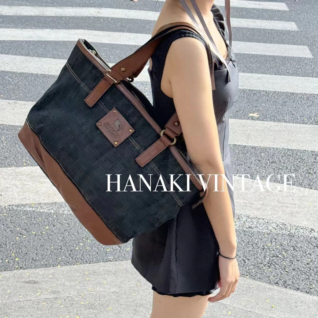 95新 BURBERRY/博柏利 花绮中古/巴宝莉牛仔托特单肩包
