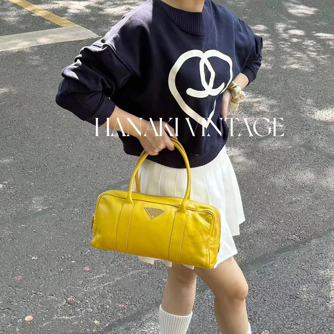 95新 Prada/普拉达 花绮中古/Prada芒果黄保龄球单肩包/95新