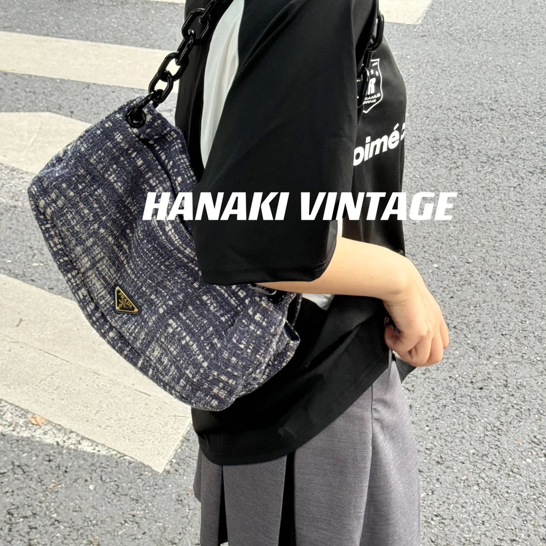 95新 Prada/普拉达 花绮中古/Prada蓝花呢玳瑁链条单肩包