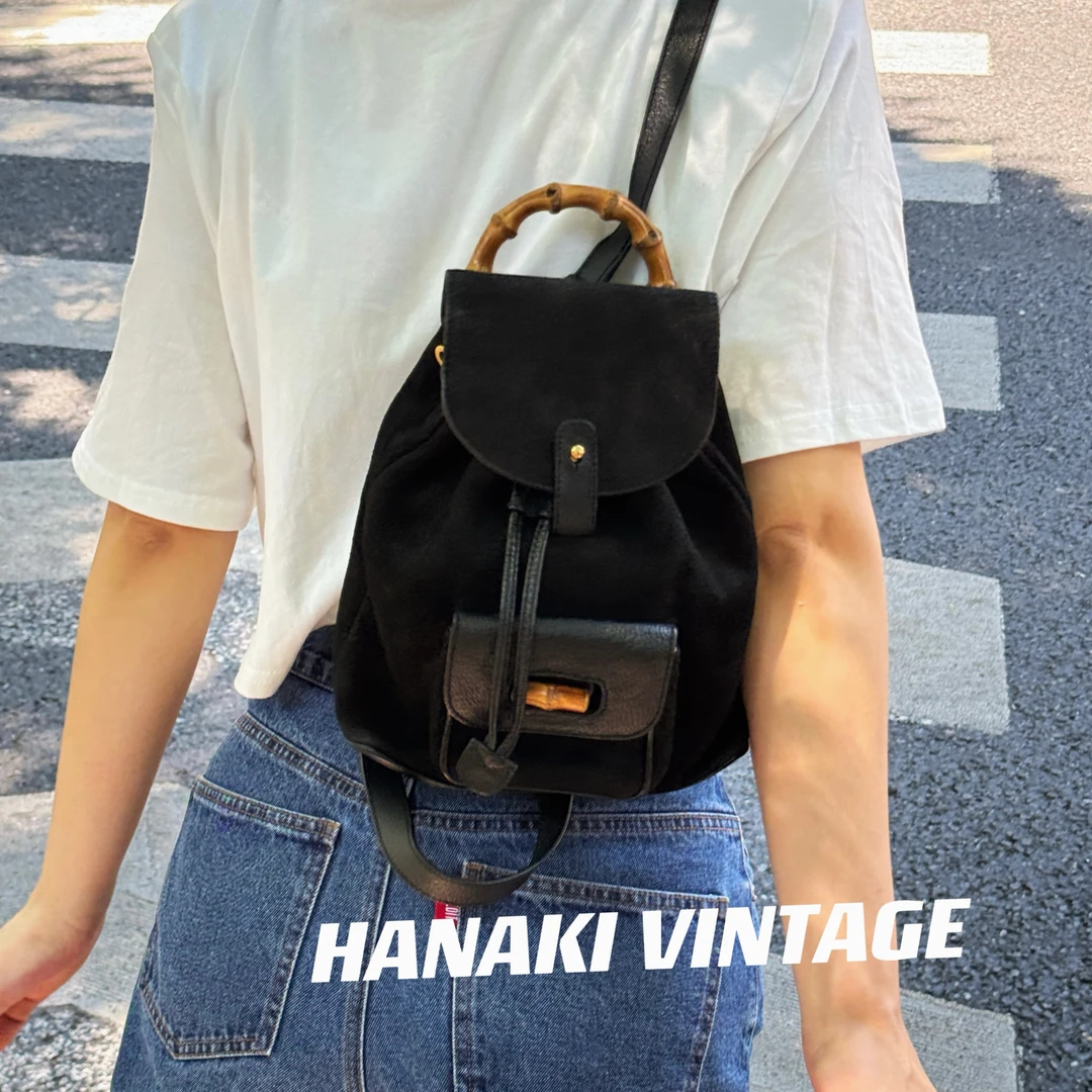 95新 GUCCI/古驰 花绮中古/Gucci麂皮竹节双肩包/95新