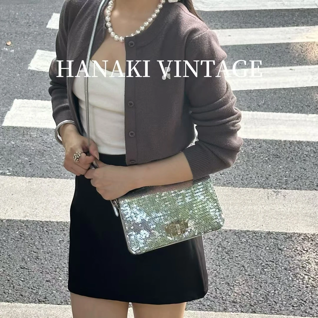 95新 MIU MIU/缪缪 花绮中古/缪缪银亮片斜挎包