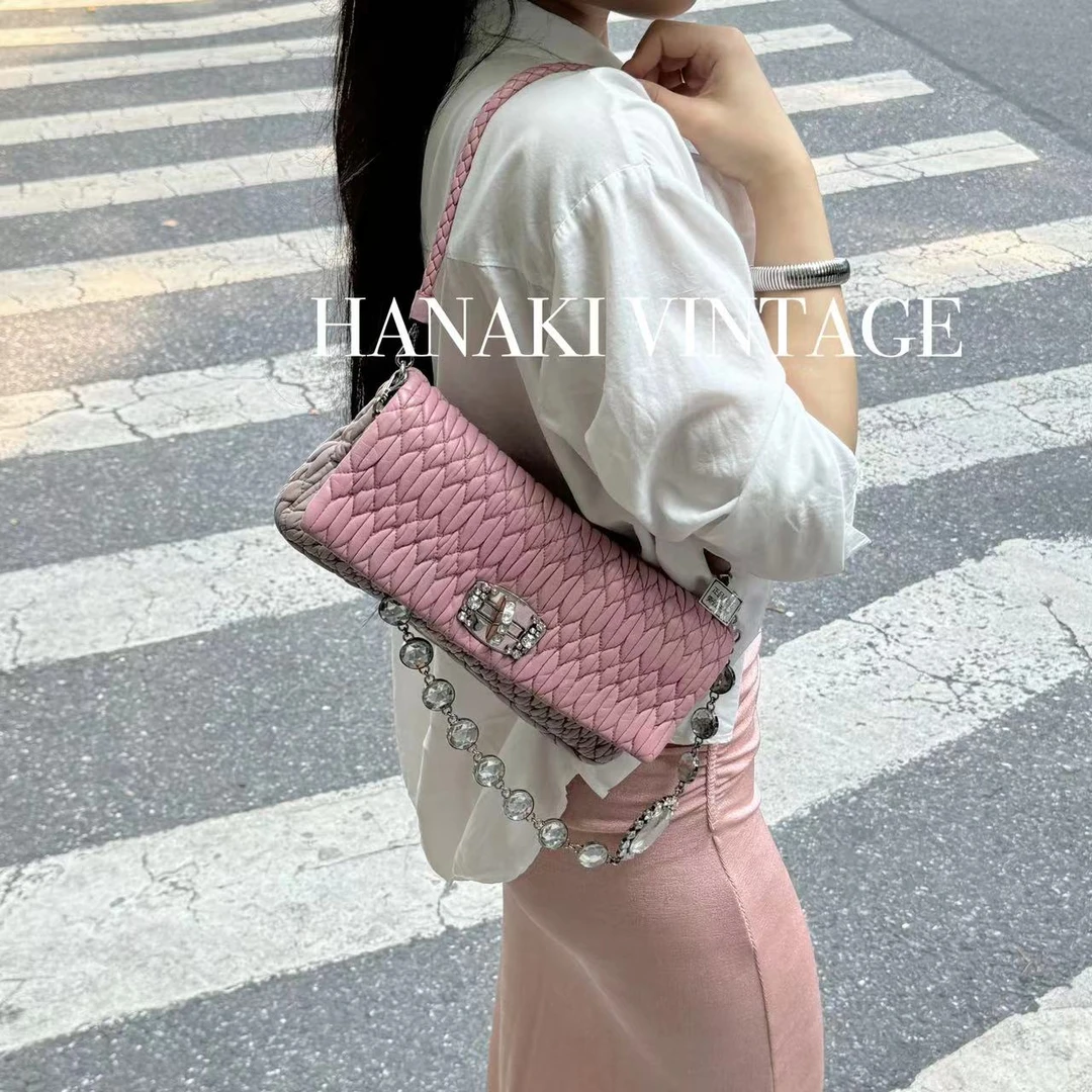 95新 MIU MIU/缪缪 花绮中古/MiuMiu缪缪粉紫拼色链条宝石/95新