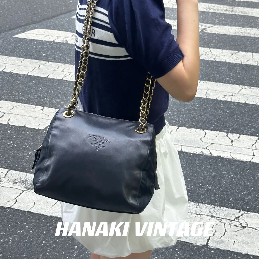 95新 Prada/普拉达 花绮中古/Prada尼龙拼皮双链条斜挎包/95新
