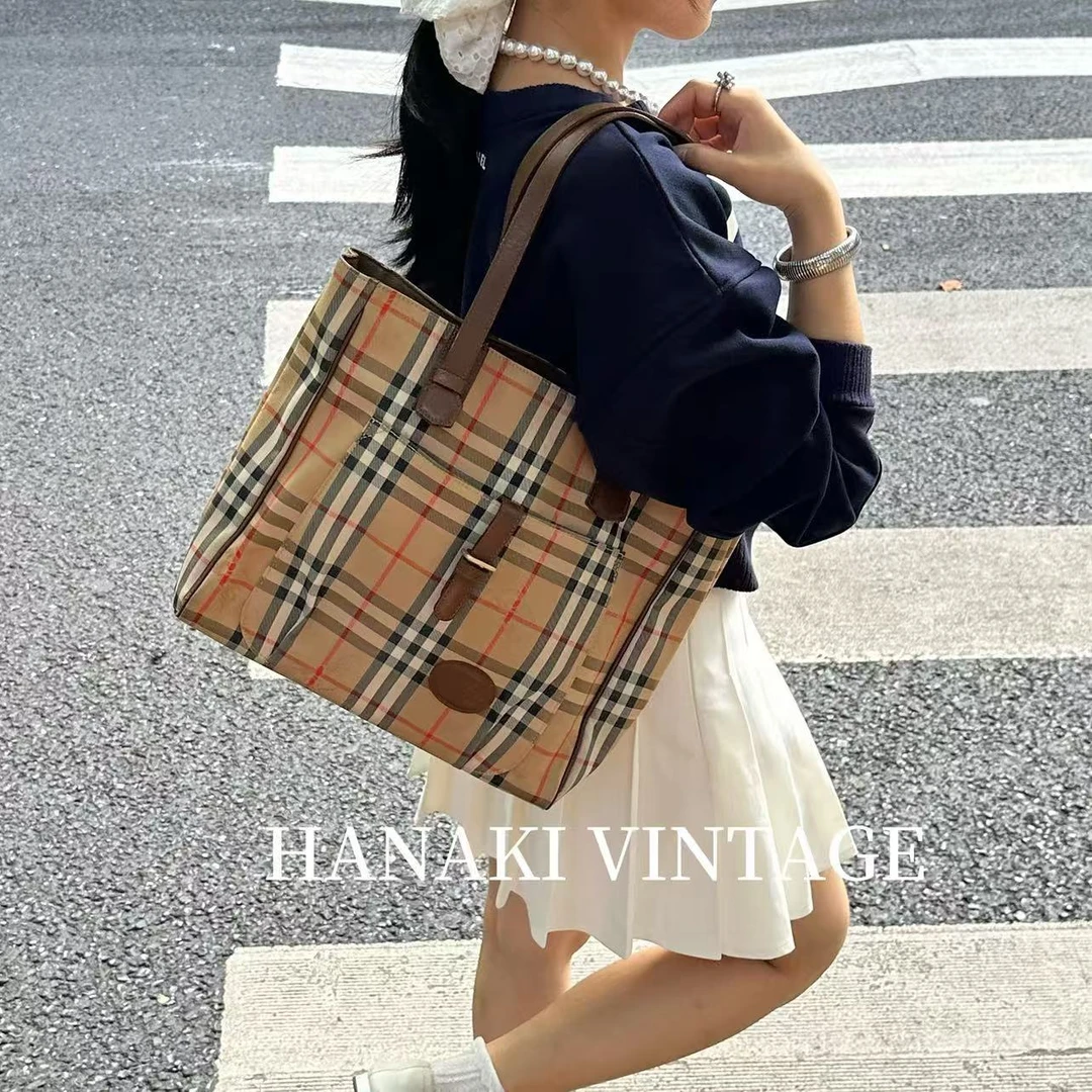95新 BURBERRY/博柏利 花绮中古/巴宝莉战马格纹托特包