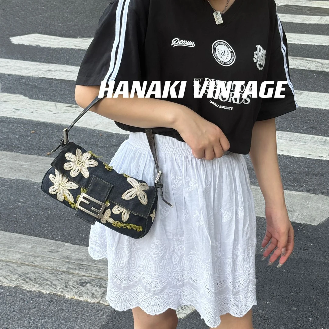 95新 FENDI/芬迪 花绮中古/FENDI牛仔雏菊刺绣法棍包/95新