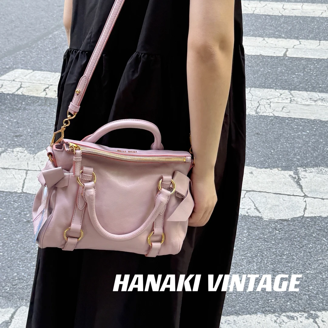 95新 MIU MIU/缪缪 花绮二店/MiuMiu缪缪粉色蝴蝶结机车小号/95新