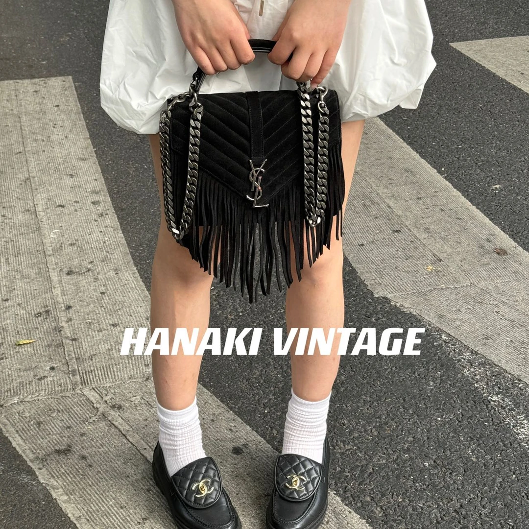 95新 YSL/圣罗兰 花绮中古/YSL黑银流苏邮差包/95新