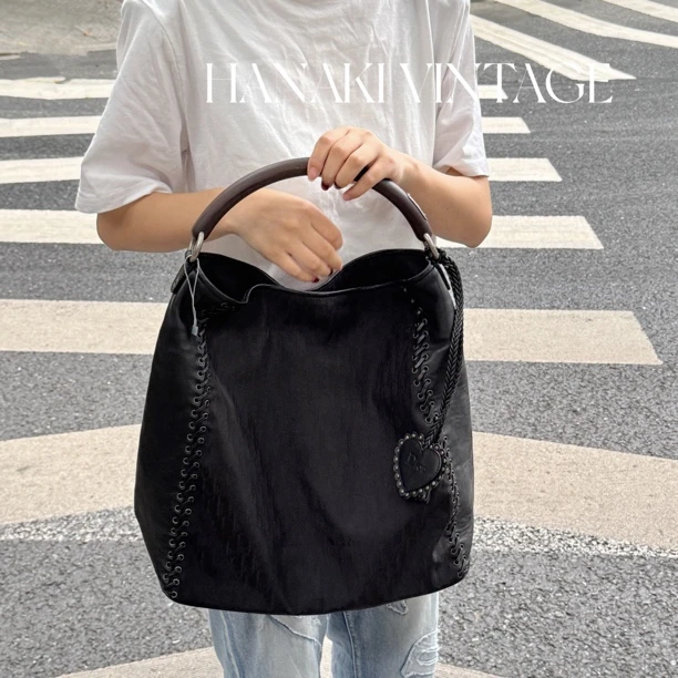 95新 DIOR/迪奥 花绮中古/Dior黑色木手柄爱心单肩包/95新