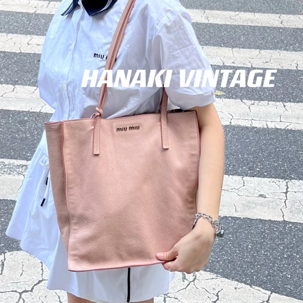 95新 MIU MIU/缪缪 花绮中古/MiuMiu缪缪粉色托特包/95新
