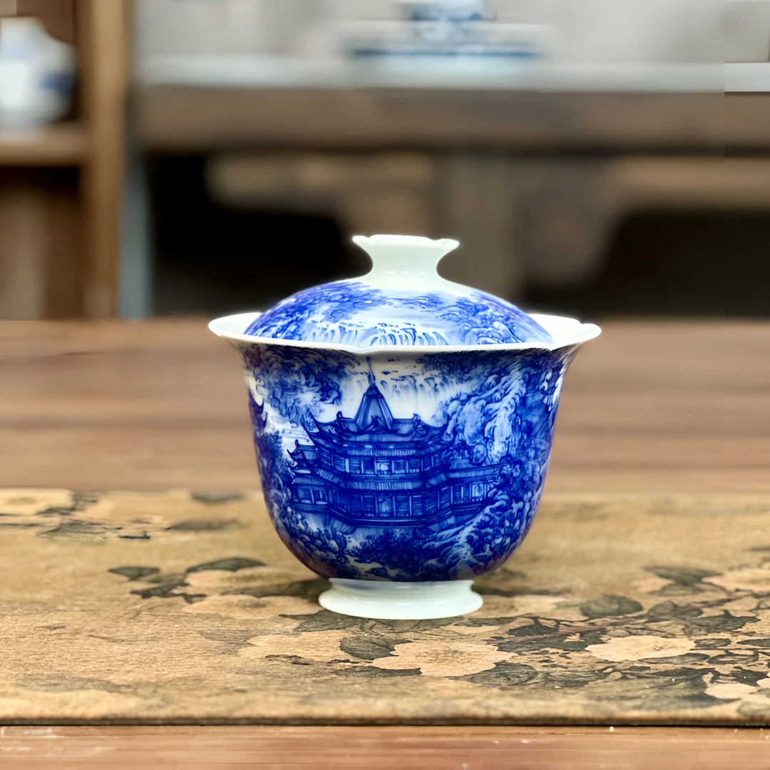 柴窑青花满工 亭台楼阁山水葵口盖碗 手绘景德镇陶瓷自成堂 150CC