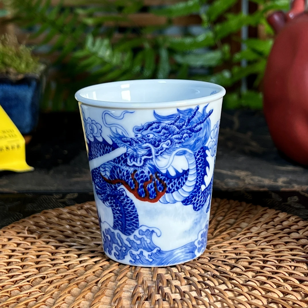 自成堂青花柴窑龙吐水龙纹可乐杯直口杯茶杯100CC陶瓷景德镇手绘