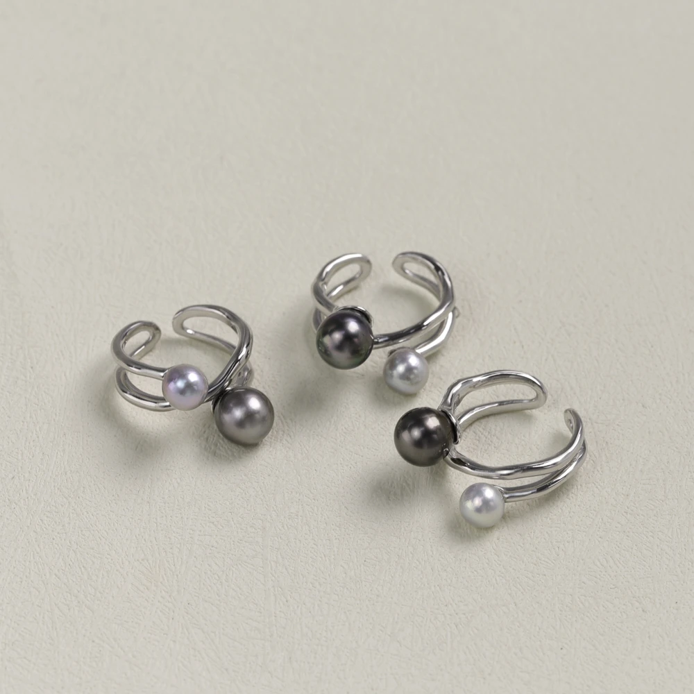 【叭哒不惑】多样性发一S925银戒指6-7akoya+8-9大溪地黑珍珠245505