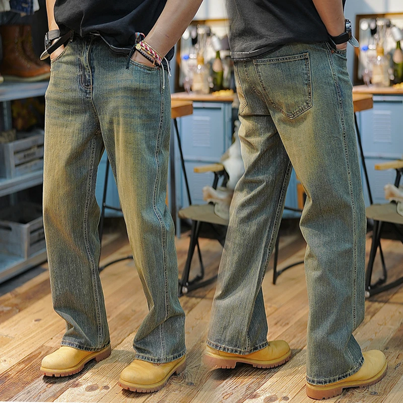 3302美式牛仔裤男秋季宽松新款做旧复古水洗坠感微喇阔腿直筒裤子