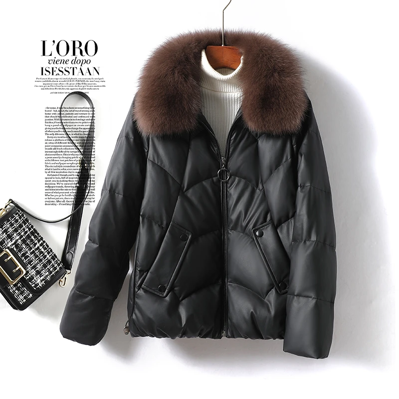 【清】2023年冬季新款海宁正品皮衣羽绒服女短款狐狸毛领外套