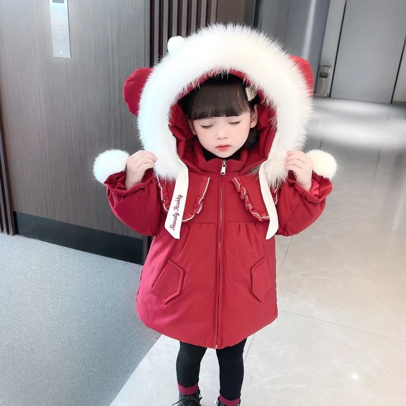 女宝宝保暖冬季女童洋气宝宝中长款红色加绒加厚连帽棉衣洋气童装