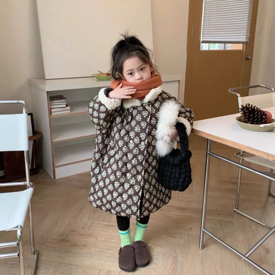 2023童装女童夹棉加厚外套冬女童碎花棉袄女童长款碎花洋气棉衣潮
