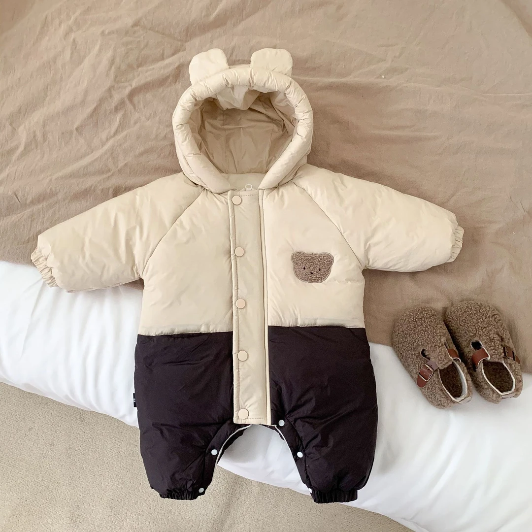 韩版保暖冬季婴儿加绒加厚连体衣男女宝宝小熊棉服衣服外出服厚潮