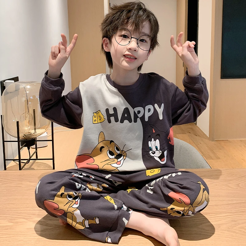 2025新款男童睡衣春秋季纯棉长袖薄款儿童小男孩青少年大童家居服