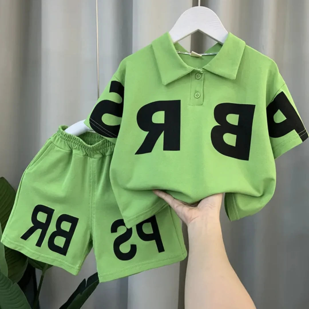 洋气儿童小少爷翻领2022新款帅气男童夏季短袖两件套宝宝可爱超萌