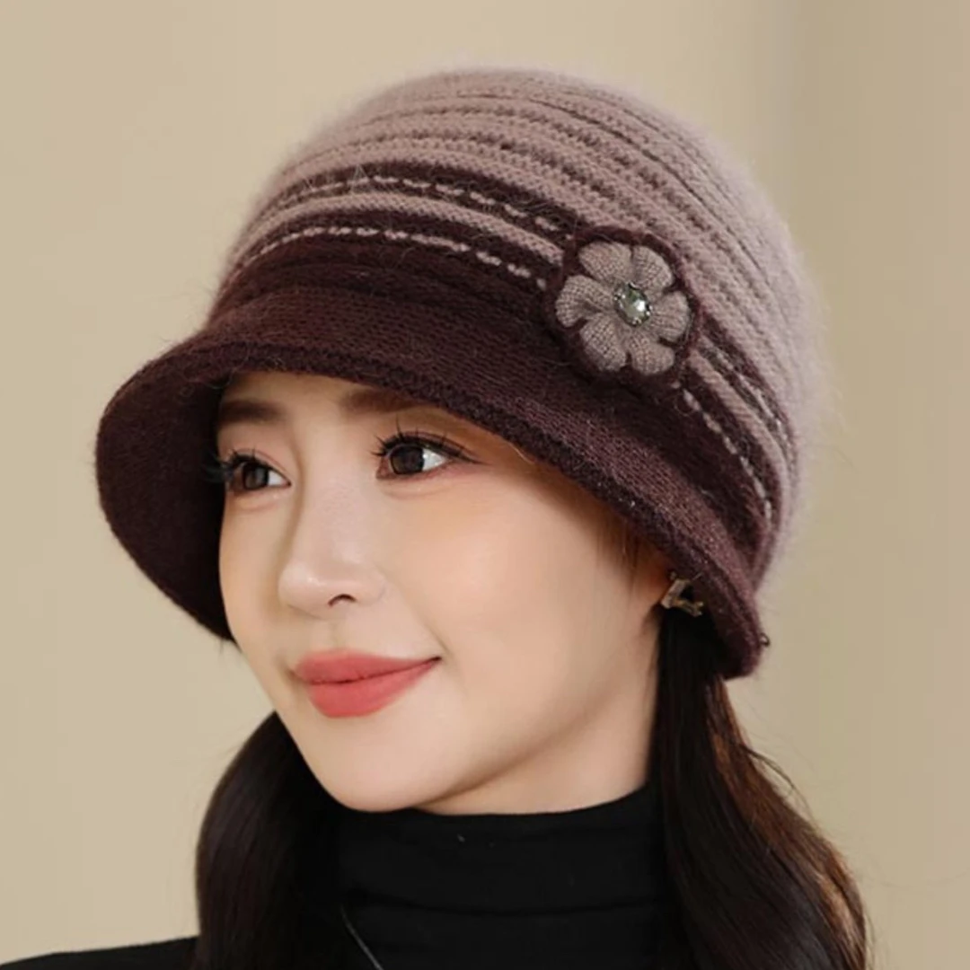 花朵加绒保暖针织帽子冬季新款妈妈毛线帽中老年人加厚奶奶盆帽