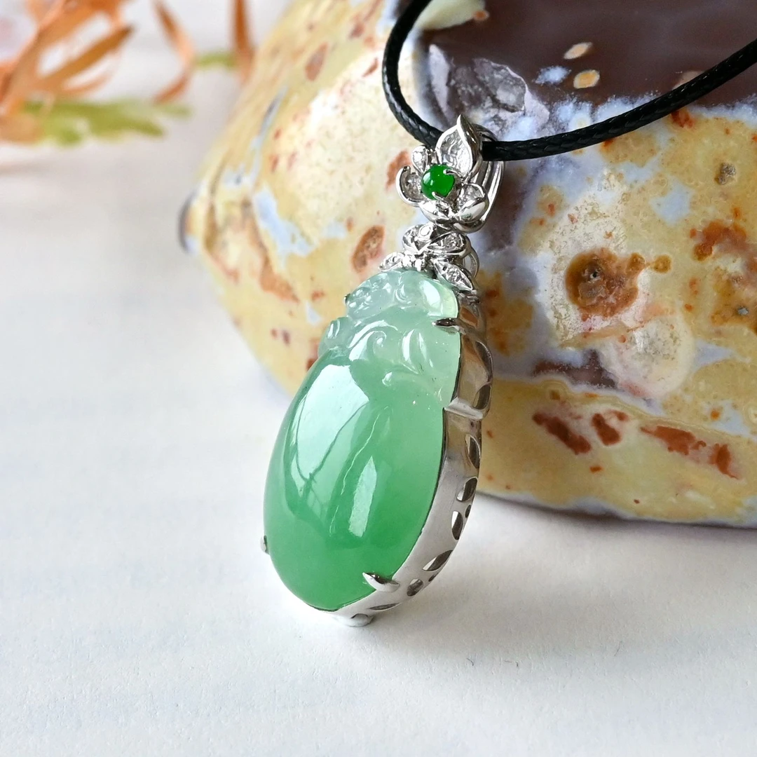 天然缅甸翡翠福禄寿吊坠18k金镶嵌轻奢精致精雕绿色女士SC-57