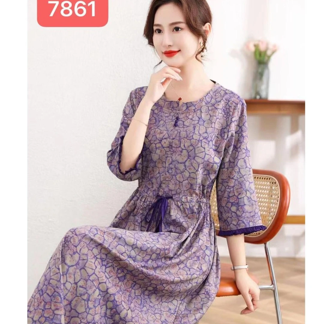 7861-8新款舒适印花连衣裙（紫色）
