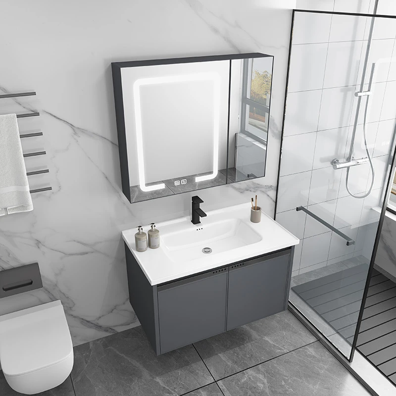 五角星太空铝抽屉浴室柜组合带储物灯光镜柜浴室柜陶瓷一体洗脸盆