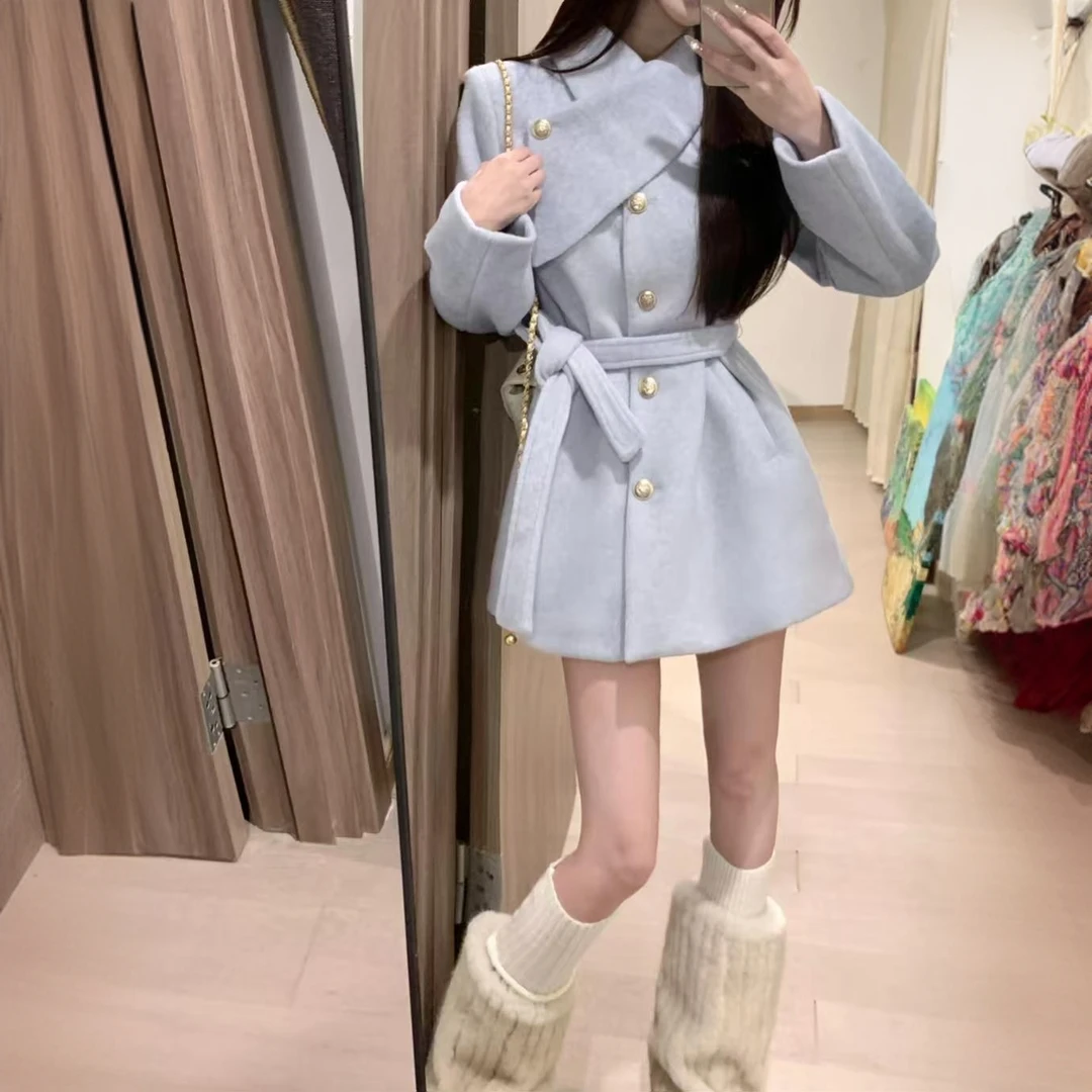 2025年蓝色双面羊绒大衣女高级感气质名媛新款中长款收腰毛呢外套