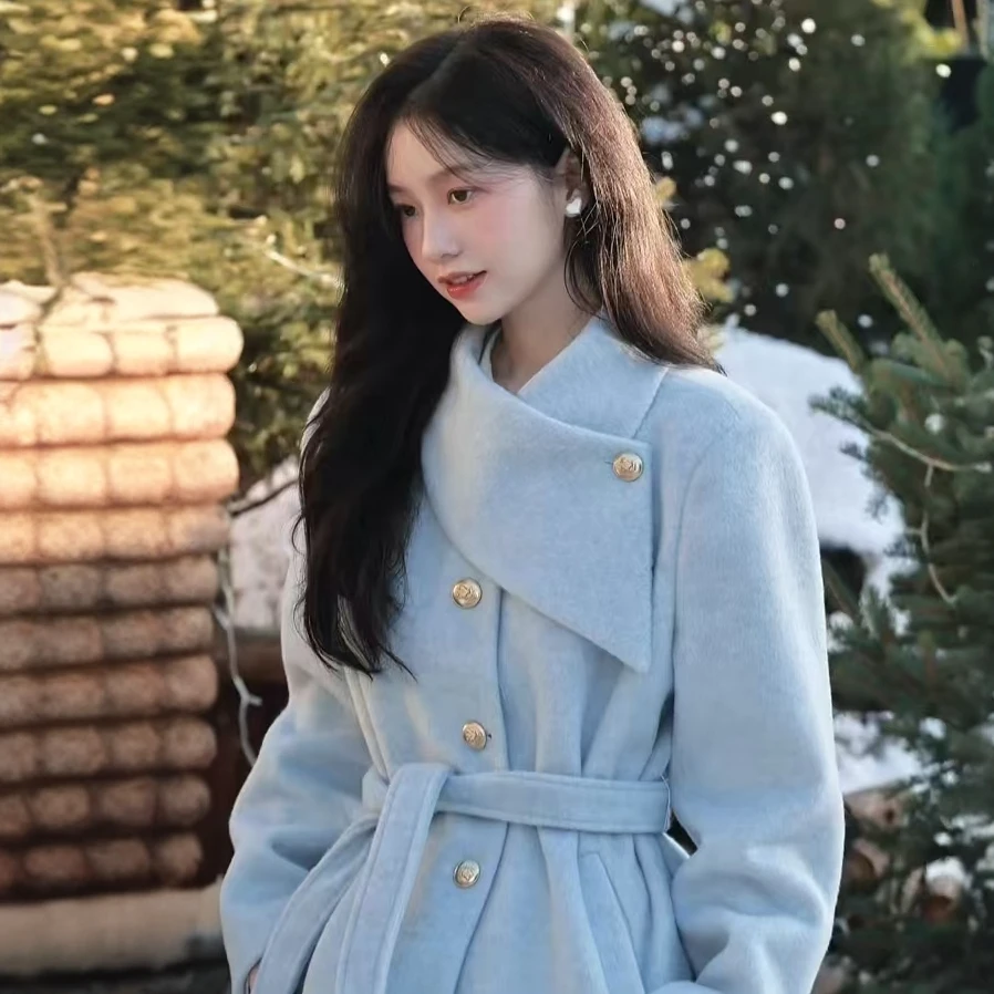 2025冬季富家高级感韩版穿搭甜美千金收腰蓝色毛呢加厚大衣外套女