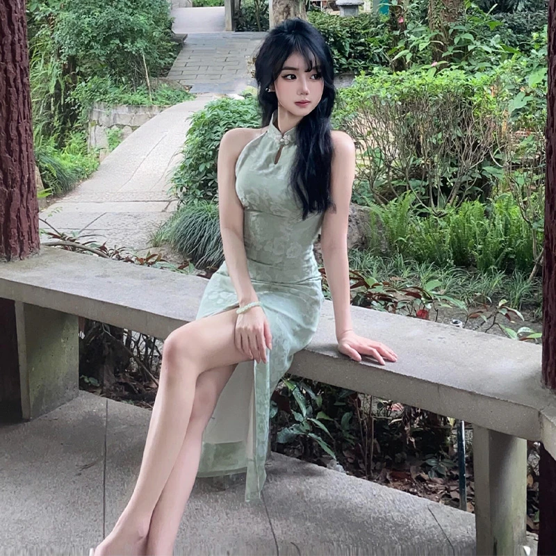 2024夏季新中式国风复古收腰无袖开叉修身显瘦连衣裙包臀旗袍裙女