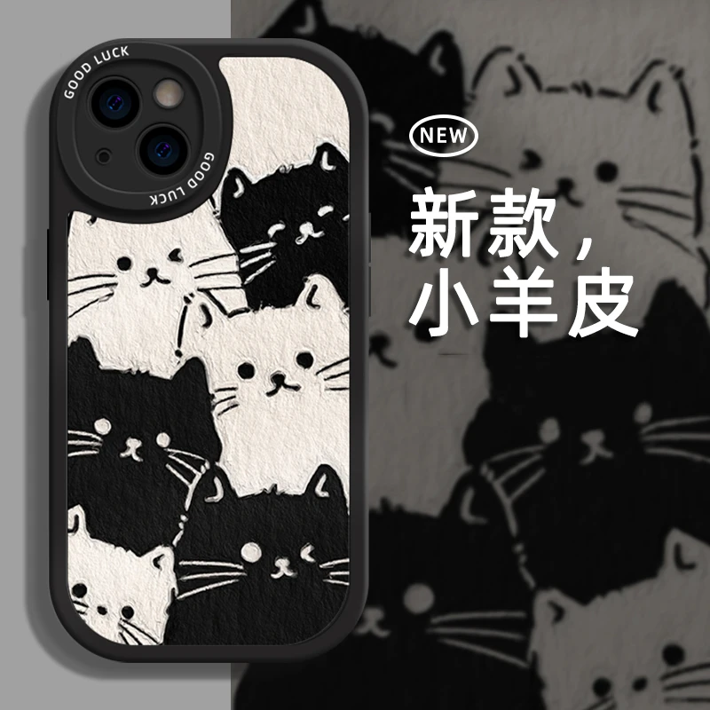 黑白猫咪苹果14plus手机壳女iPhone13Promax玻璃12mini保护套11/8
