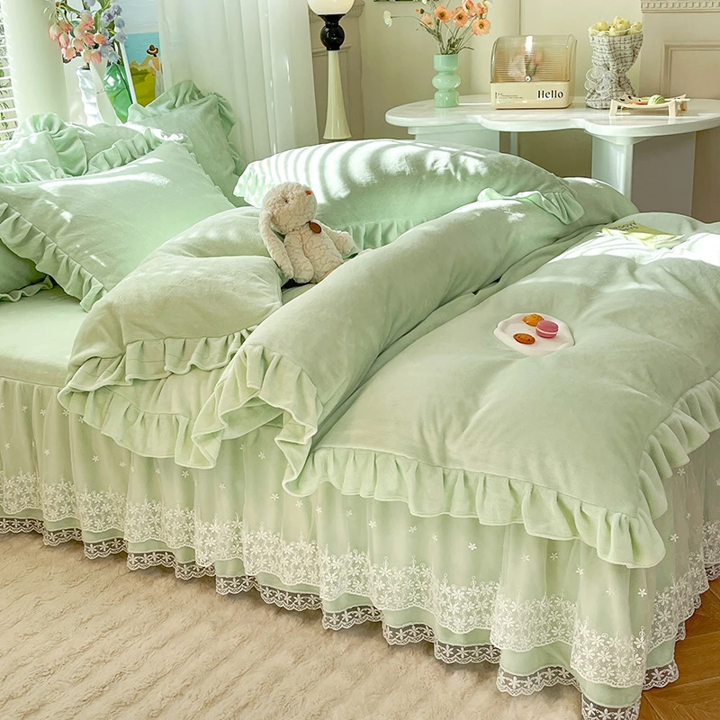 加厚保暖韩式花边牛奶绒床裙四件套公主风双面绒加绒四件套冬