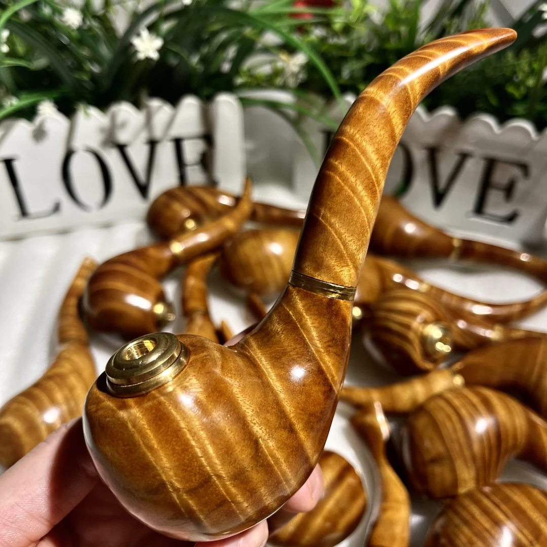 金丝楠木小叶桢楠水波纹烟斗金丝楠乌木烟袋实木整料工艺礼品