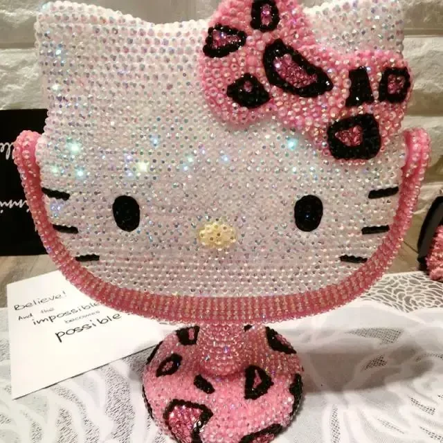 hellokitty满钻镜子豹纹贴钻镜旋转台式KT化妆镜 DIY镶钻创意礼物
