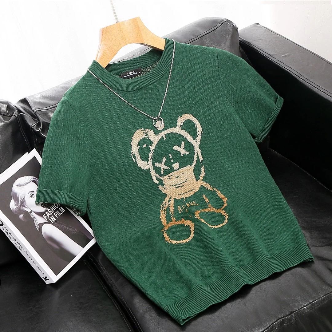 卡通小熊短袖毛衣秋冬季新款流行口罩熊潮牌时尚修身提花男针织衫