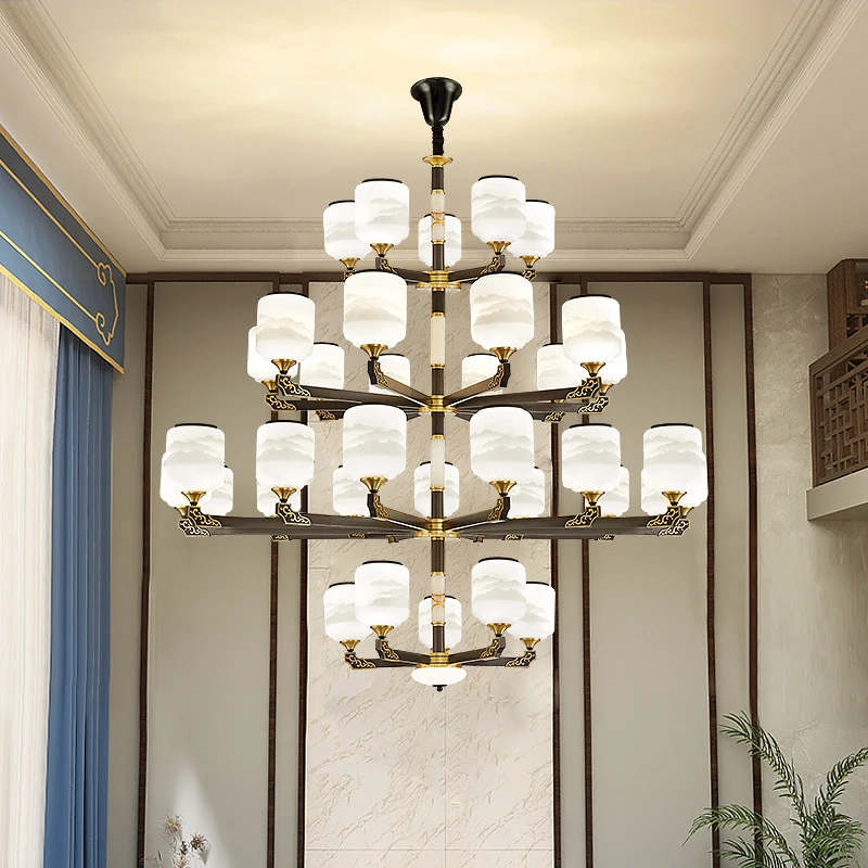 灯佐别墅客厅全铜吊灯新中式复式楼挑空餐厅中空大厅防蚊虫灯具