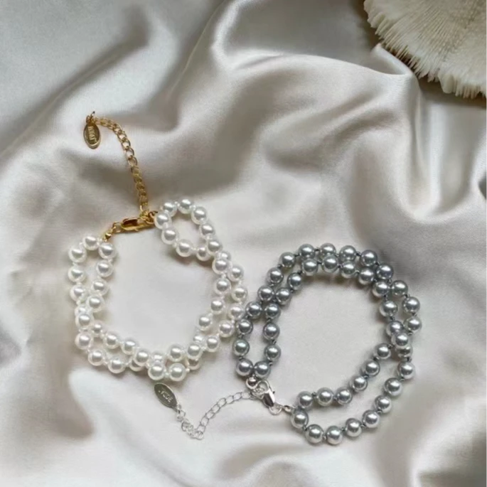 铜合金仿珍珠手链 铂代原创【沃丹缇丝小珠手链】双股打结施家珠