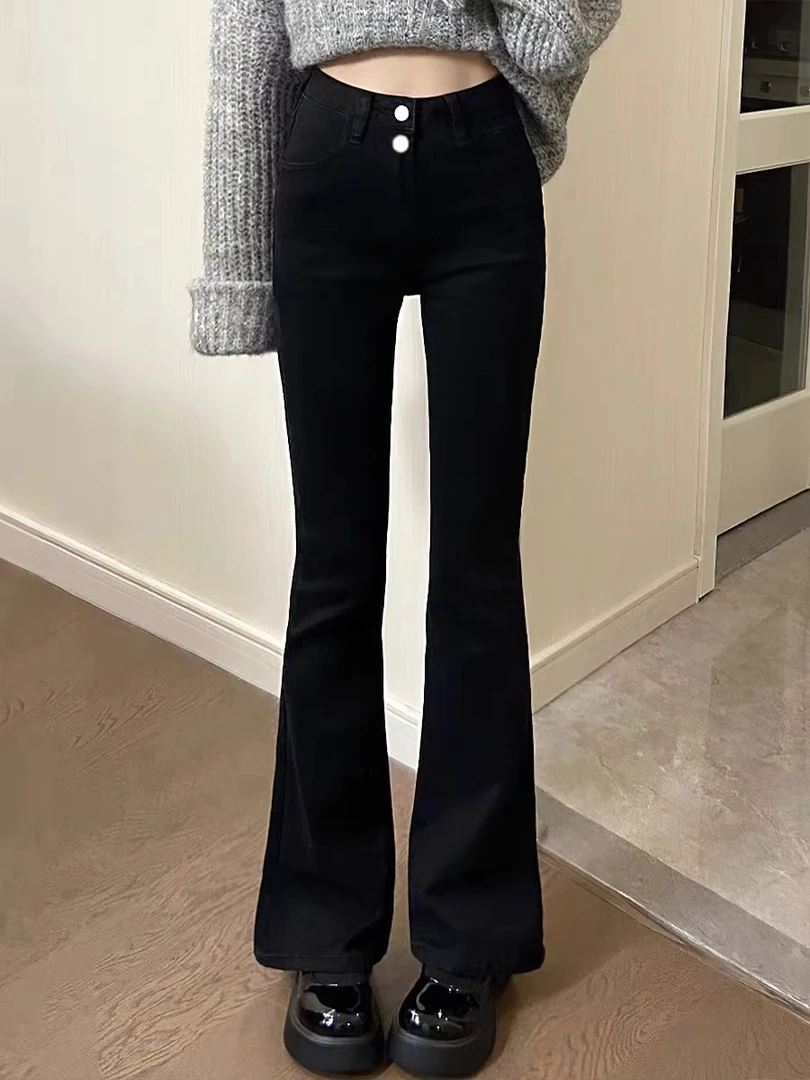 D014-黑色微喇牛仔裤女秋冬薄绒高腰遮胯显瘦弹力直筒喇叭裤子