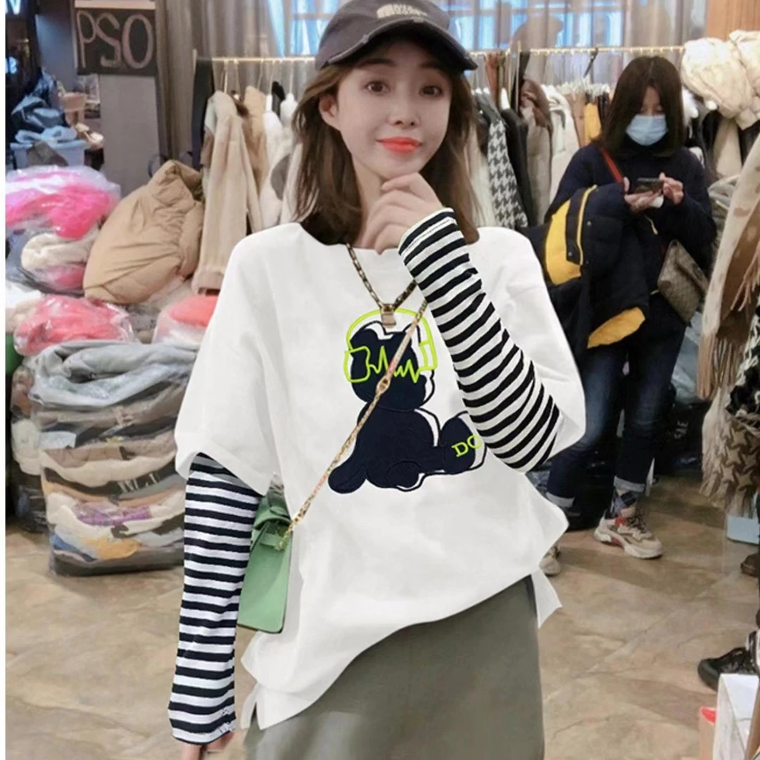 B100-假两件长袖t恤女秋冬新款宽松显瘦上衣女纯棉打底衫