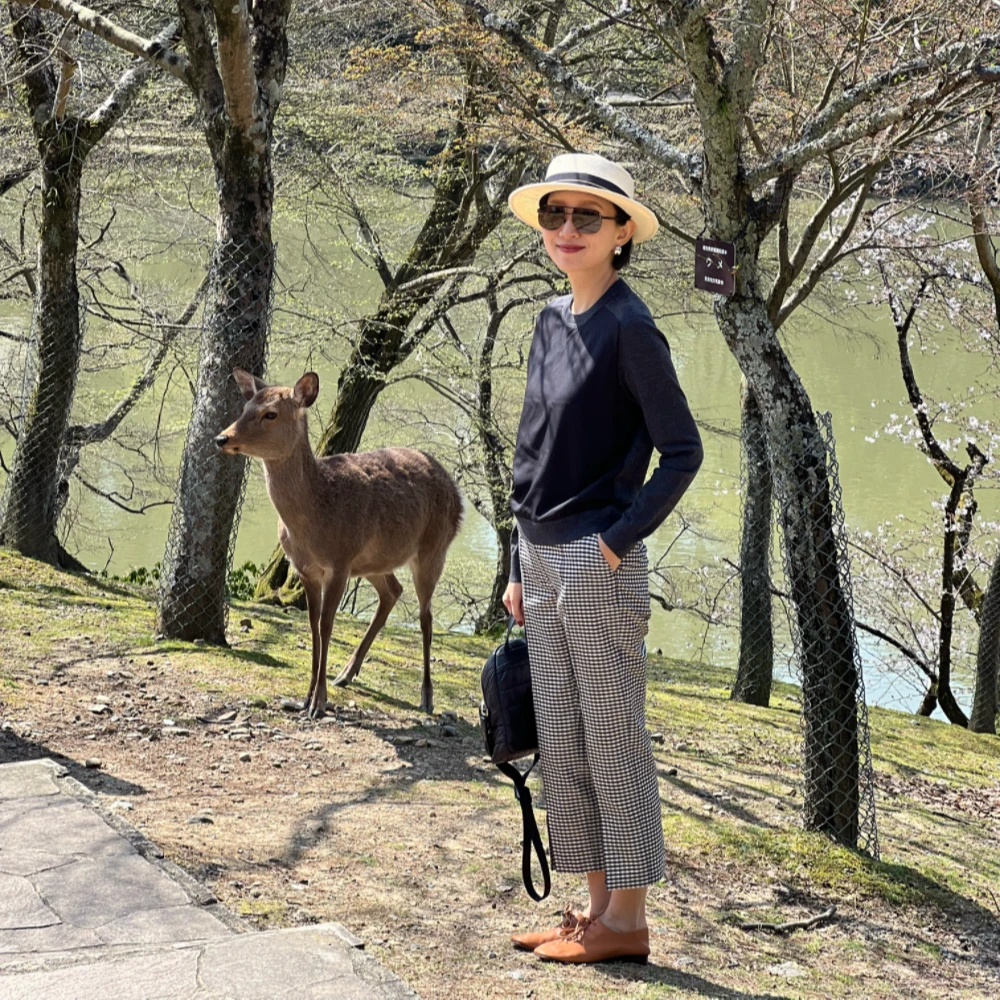 UrbanPaces经典小格子前开叉桑蚕丝棉混纺九分裤