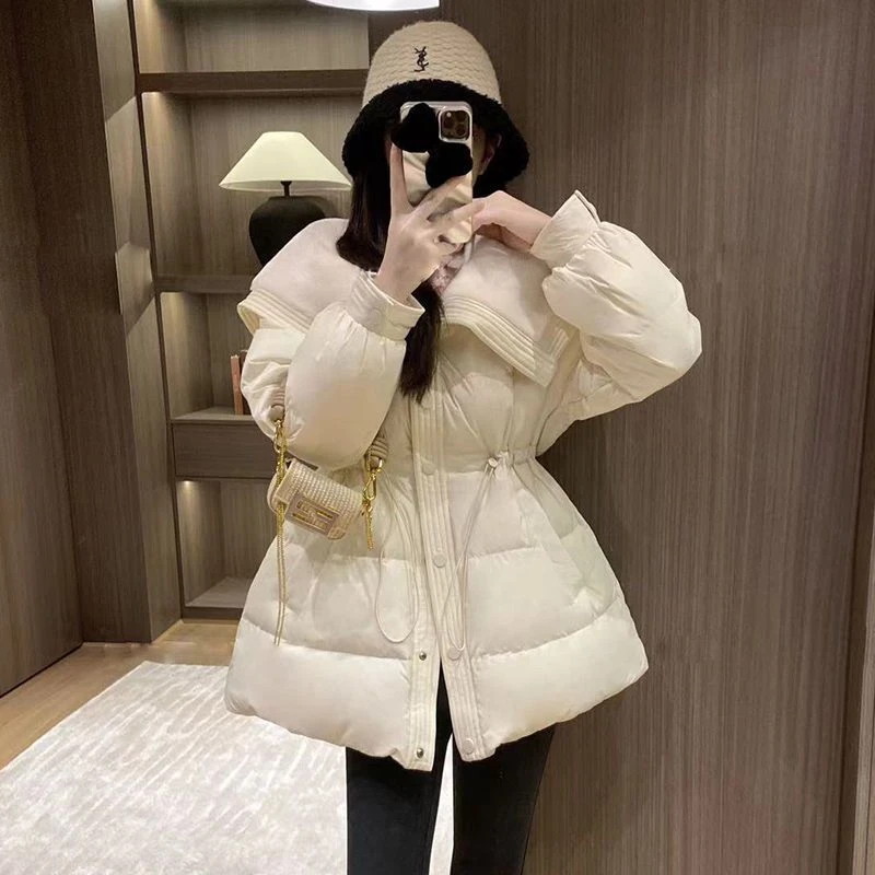 雪中飞海军领羽绒服女中长款2023冬季新款小个子百搭收腰加厚白鸭