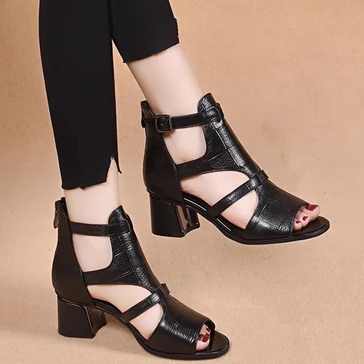 2024年夏季新款罗马凉鞋女真皮高跟鱼嘴女鞋包跟后拉链侧空凉靴子