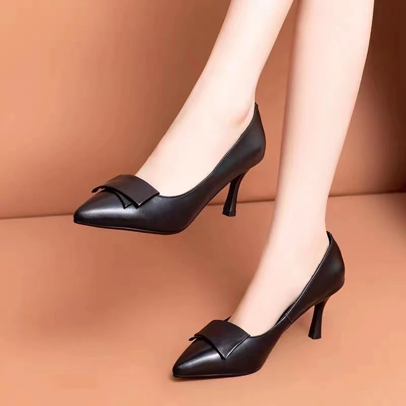 高跟单鞋女真皮软皮纯皮细跟春秋季新款尖头工作职业黑色皮鞋女鞋