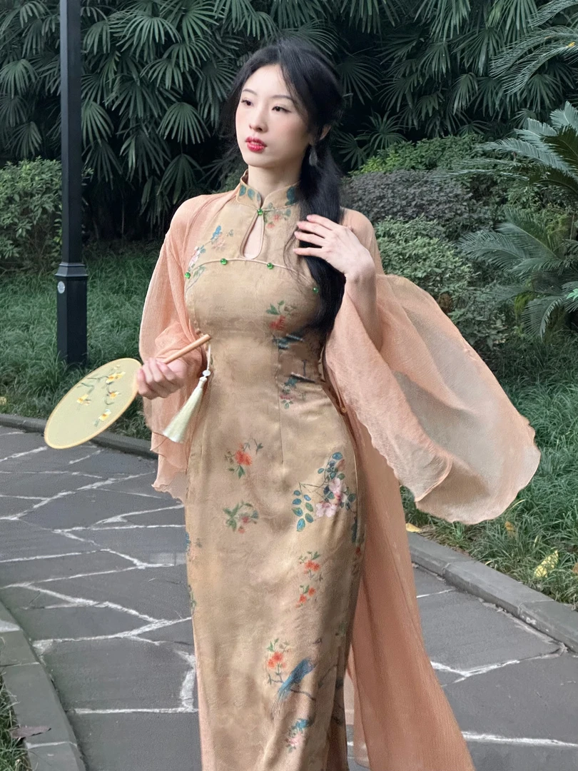 叁屿定制 一袭纱~清冷新中式温柔香槟色压皱纱纱蝴蝶长款开衫外套