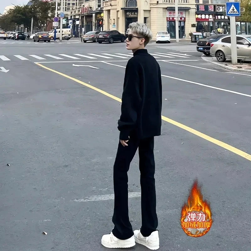 美式高街vibe水洗做旧牛仔裤男秋冬加绒潮牌修身显瘦直筒微喇裤子